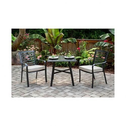 Hanover Pemberton 3-Piece Commercial-Grade Bistro Set with 2 Cushioned Dining Chairs and a 30 Square Slat-Top Table Cast Ash Gunmet