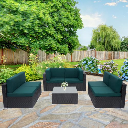 Kinsunny 7 Pcs Patio Rattan Wicker Sofa Set Outdoor Sectional Furniture Conversation Chair Set with Cushions and Tea Table Green - Image 7